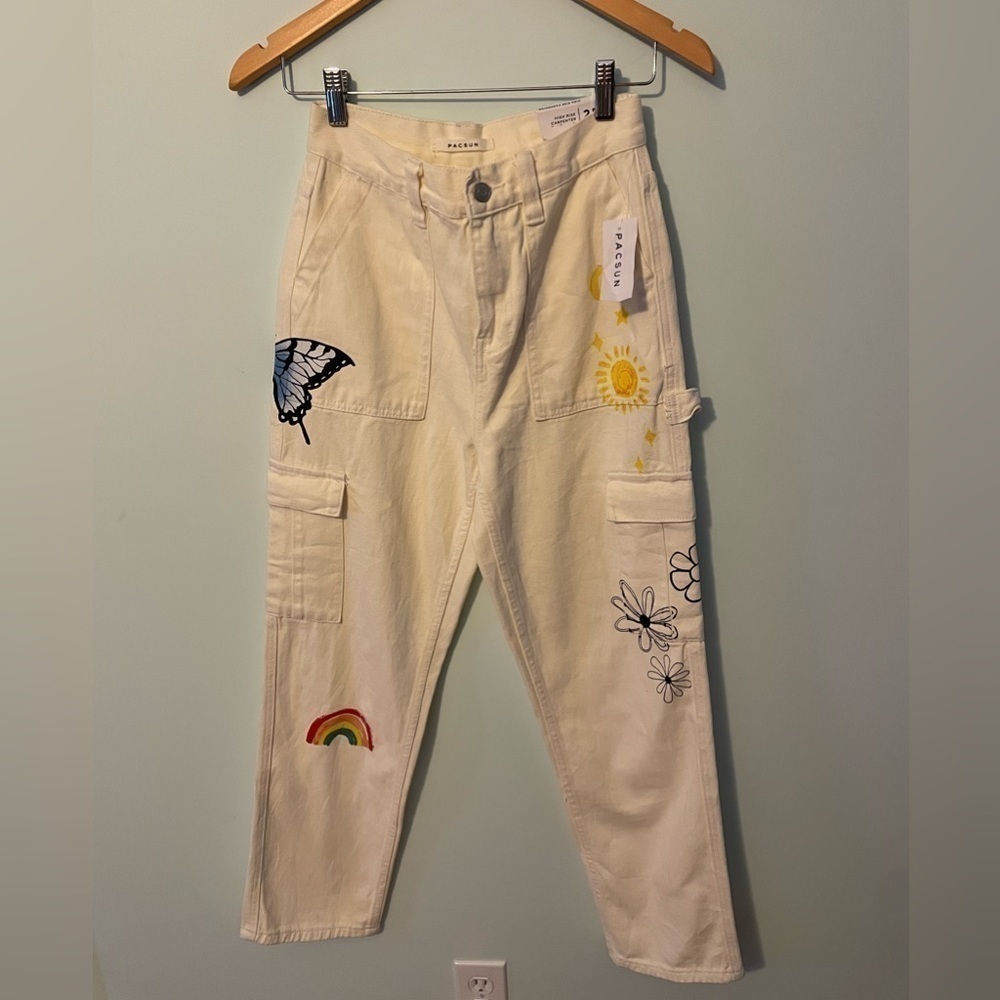 Pacsun Graphic Skate Cargo Sketchbook Trousers In Off White Size 25 - Picture 7 of 13